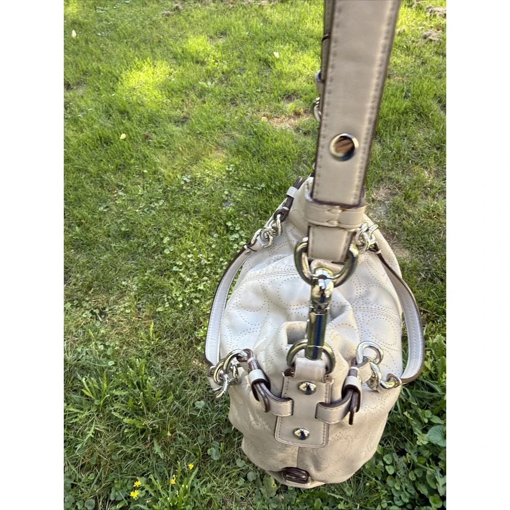 COACH Brooke Dove Gray Leather Perforated Signature Hobo Purse Boho